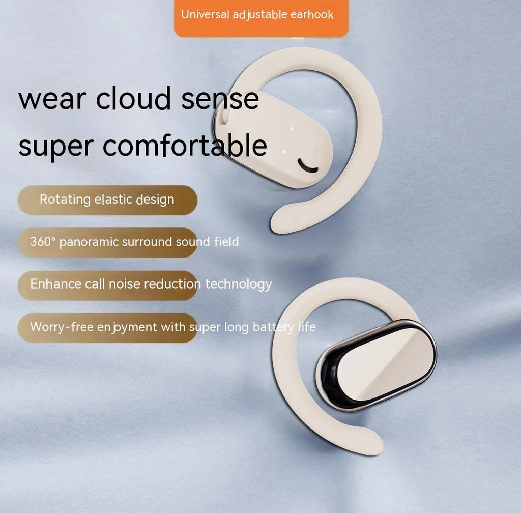 Dual ear-mounted Bluetooth headset with noise reduction and bone conduction, white colour, showing digital display screen and ear hook design