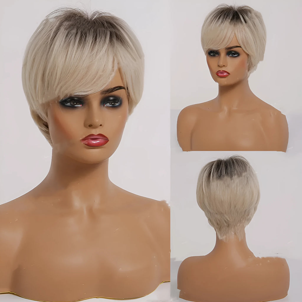 Short straight synthetic wig with ombre blonde colour, brown to gold gradient, 8-inch length and bangs on mannequin head
