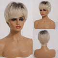 Short straight synthetic wig with ombre blonde colour, brown to gold gradient, 8-inch length and bangs on mannequin head