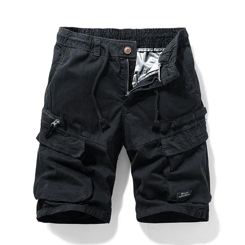 Men's cotton multi-pocket summer shorts in Army Green with micro elasticity and zip fly