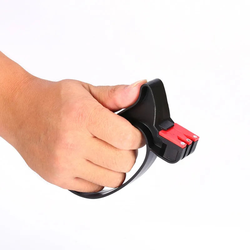 Black handheld knife and scissor sharpener tool with ergonomic handle and tungsten steel blade