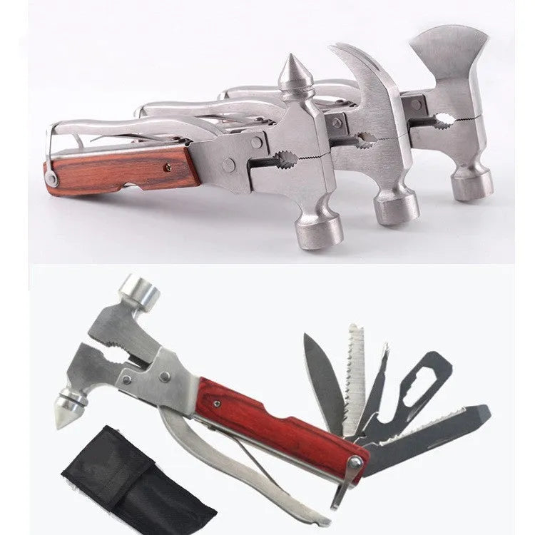 Multifunctional 16-in-1 car safety hammer with solid steel construction and Oxford fabric carry bag