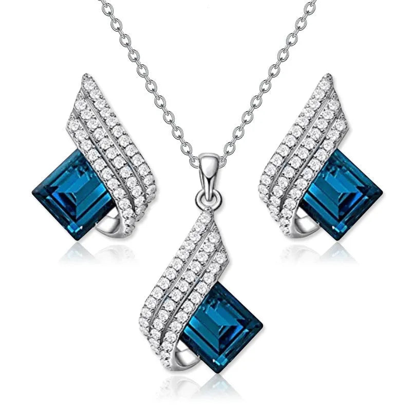 Glass pendant necklace and matching ear stud set with electroplated finish and cross chain style for women