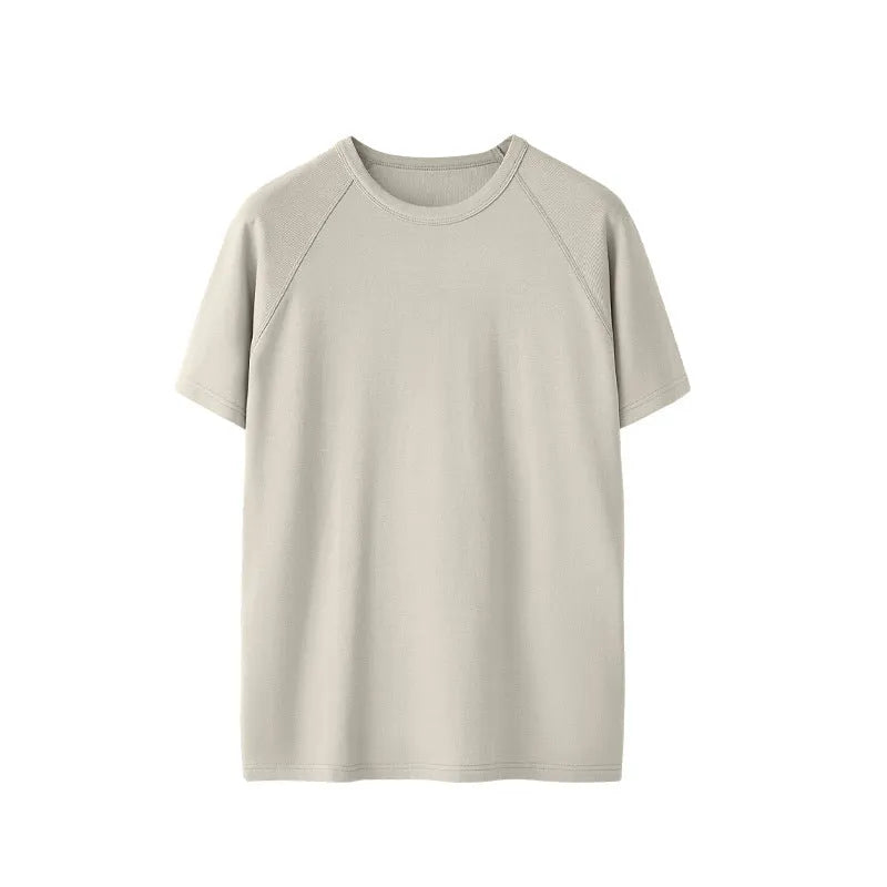 Navy slim fit stretch t-shirt shown in vest and short sleeve styles for men and women.