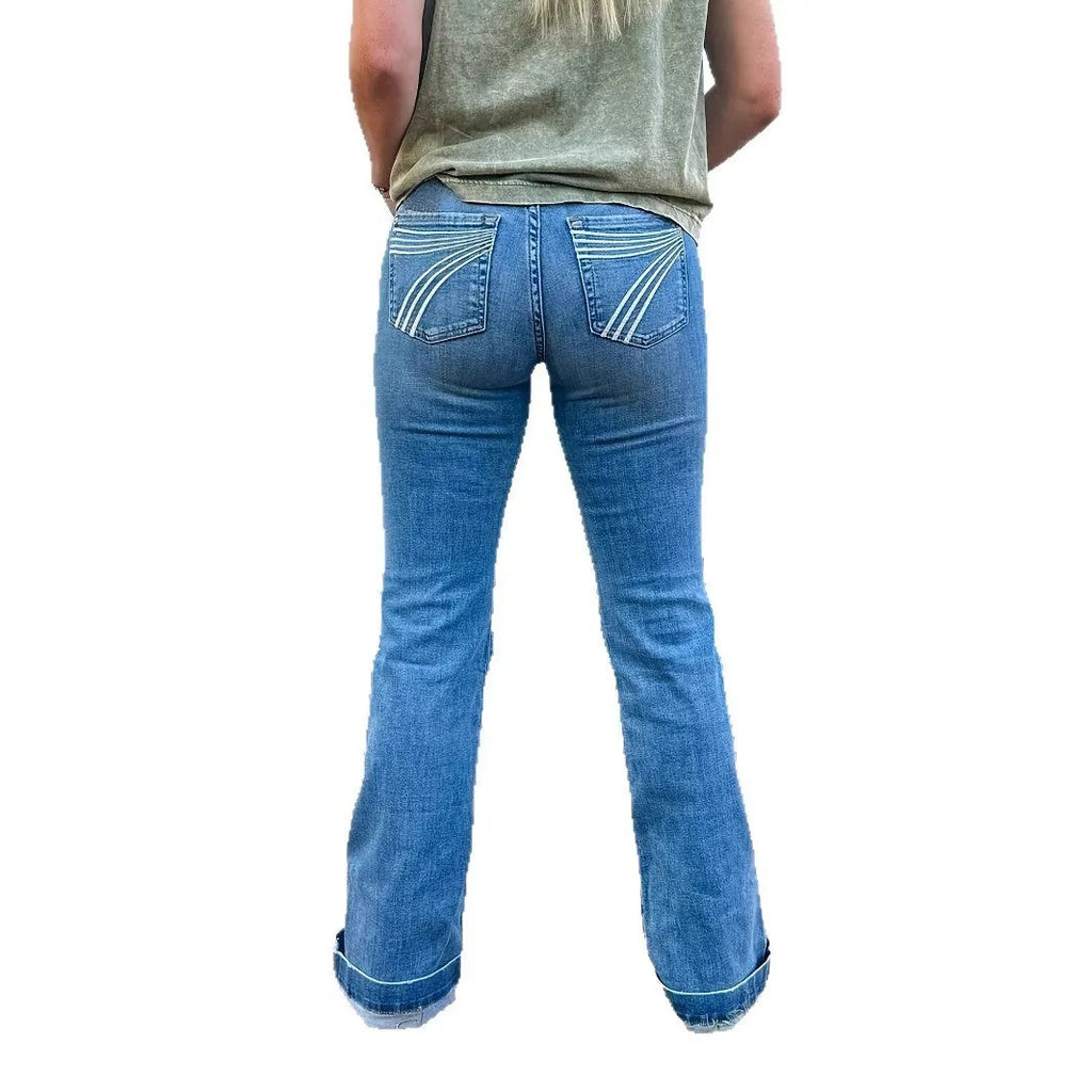 Slim fit slightly flared jeans with blue embroidery, mid-waist, cotton denim