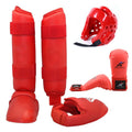 Red and blue karate taekwondo protective gear set with leg guards, boxing gloves, and helmet