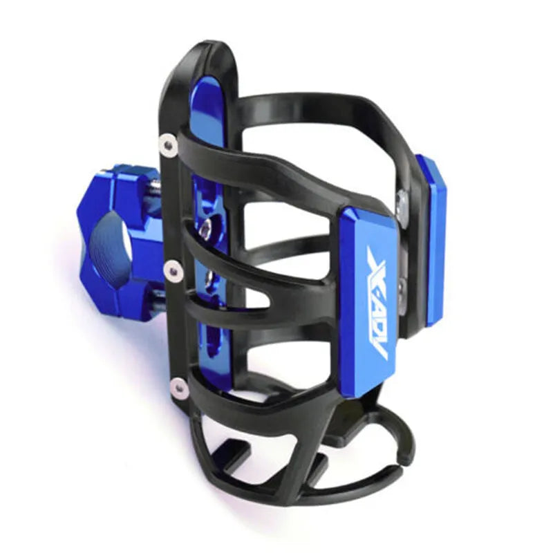 Black water bottle cage mounted on Honda scooter bumper with hydration bottle