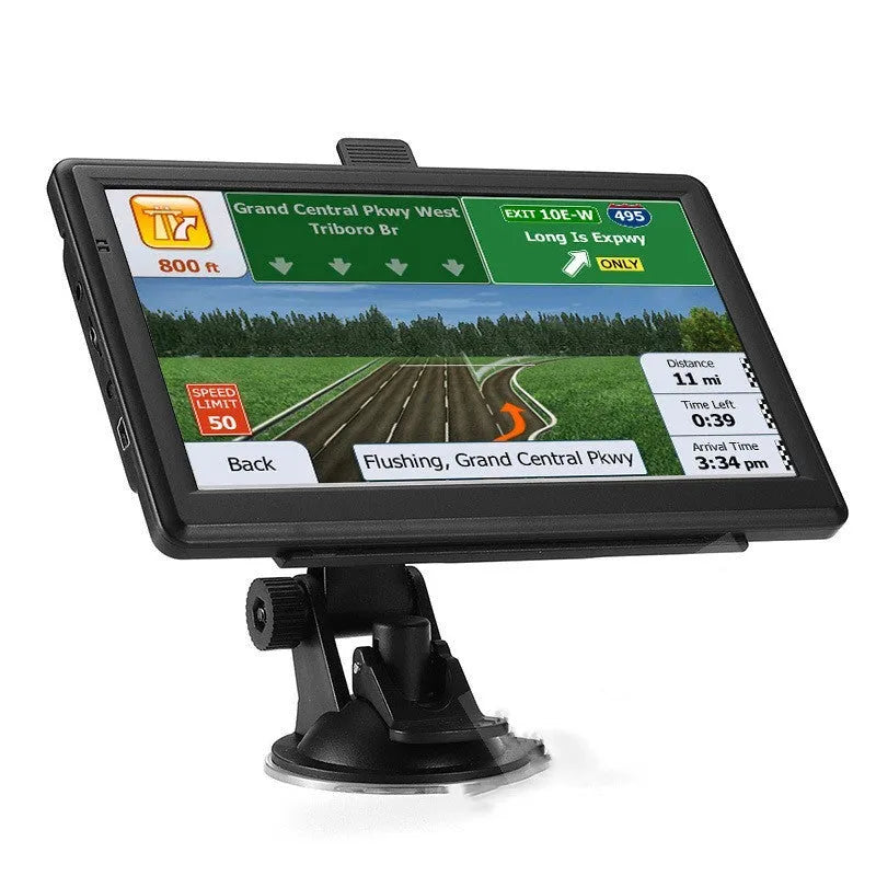 7 inch portable car GPS navigation device with HD touch screen on a windshield bracket.