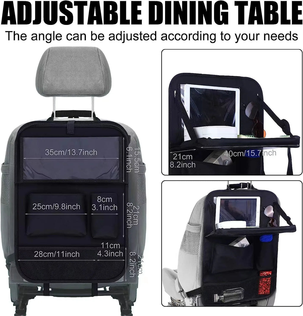 Black Oxford cloth car seat back buggy bag with hanging storage organiser measuring 42x30cm