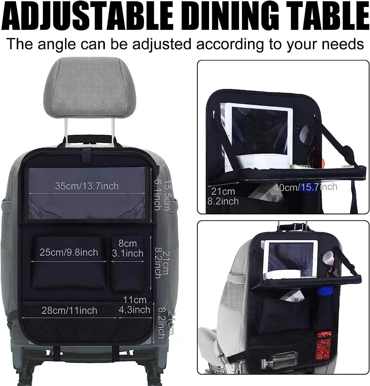 Black Oxford cloth car seat back buggy bag with hanging storage organiser measuring 42x30cm