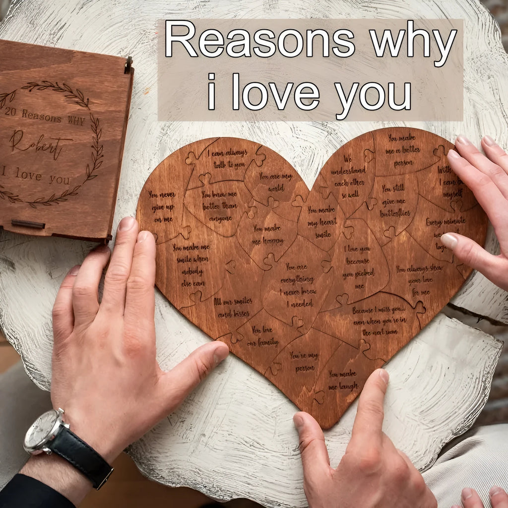 Reasons Why I Love You wooden heart puzzle with light brown colour and 20 love messages