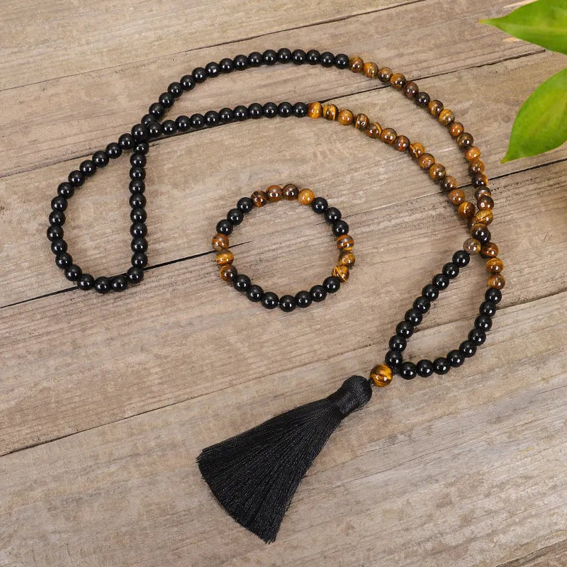 Tiger eye stone tassel necklace and bracelet set with ball bead chain and drop pendant