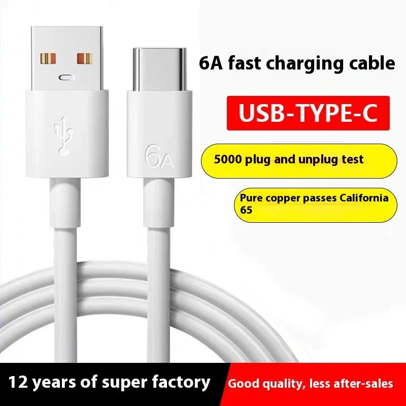 White 6A Type-C fast charging cable 1 metre length with TPE jacket