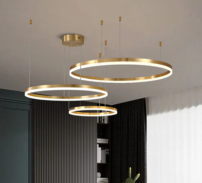 Nordic modern copper circle chandelier with acrylic diffuser, three circle chain, 40cm or 60cm, for living room