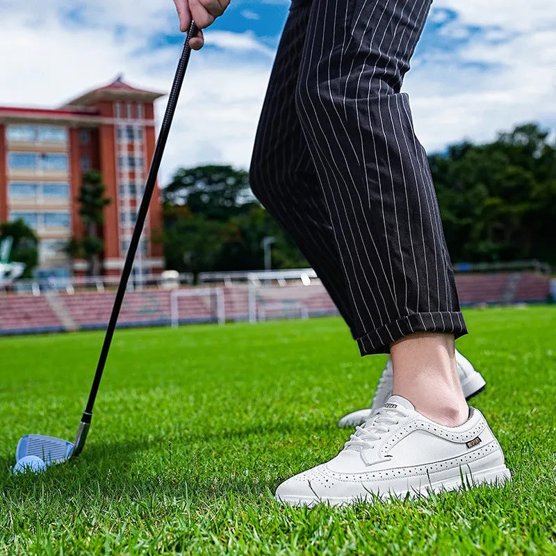 Men's genuine leather golf shoe in lake blue with non-slip rubber outsole.