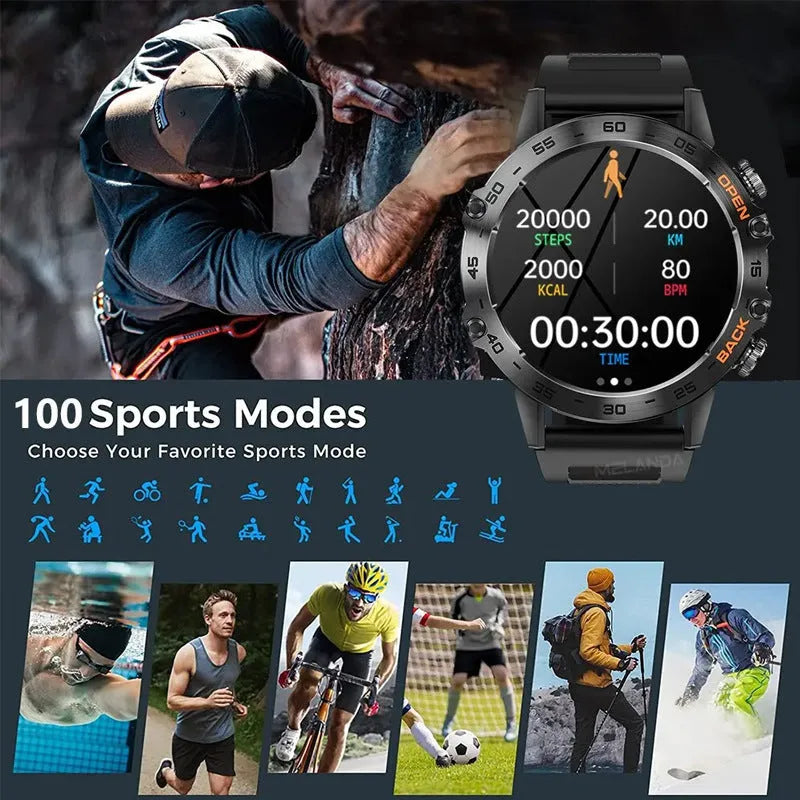 Bluetooth calling smart watch with IPS touch screen on wrist, showing health metrics display