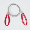 Compact black leather case containing a coiled red steel wire survival saw for outdoor use.