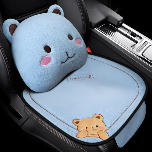Car cushion winter plush three-piece set with square cushion and lumbar support pillow in trendy bear design