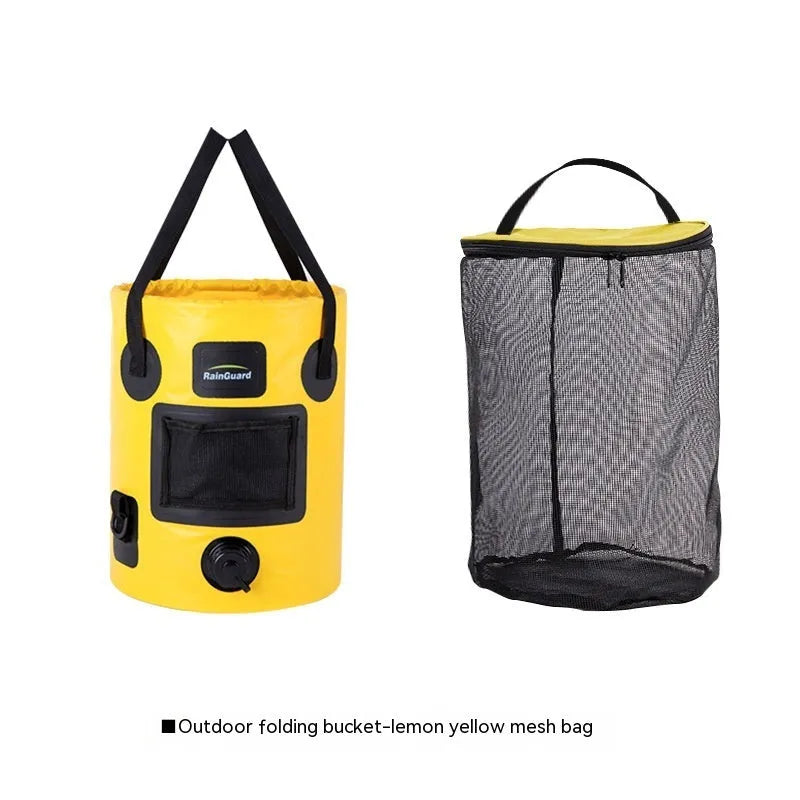 25-litre folding plastic outdoor fishing bucket shown in lemon yellow colour with optional built-in mesh net pocket