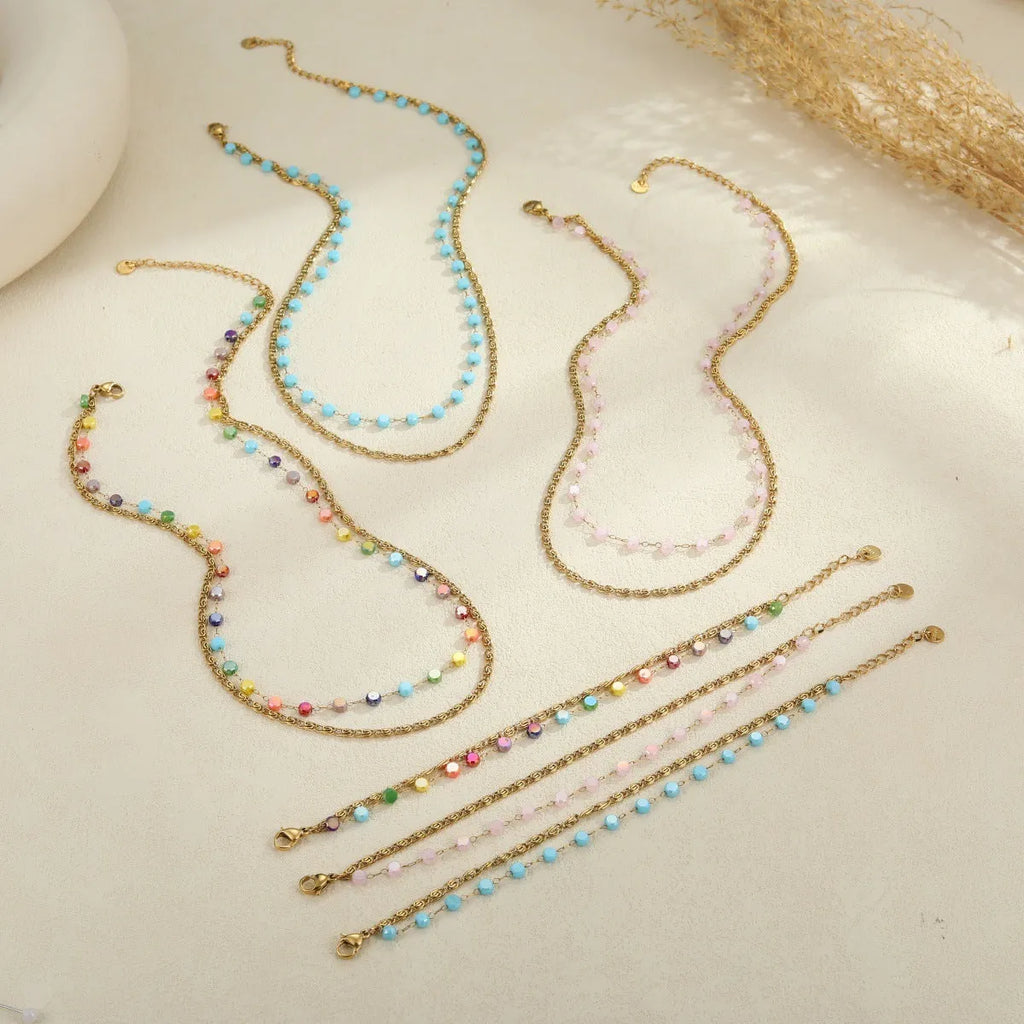 Colorful beaded stainless steel gold-plated double-layer clavicle chain necklace for women with geometric pendant