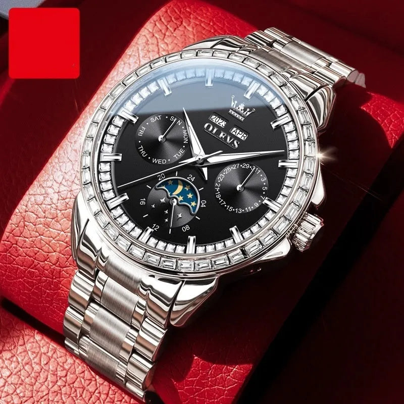 Men's automatic mechanical watch with stainless steel strap and blue dial, 13mm thickness, transparent case back