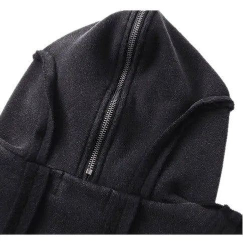 A black loose-fit men's padded coat with a hood, front zip, and abstract pattern.