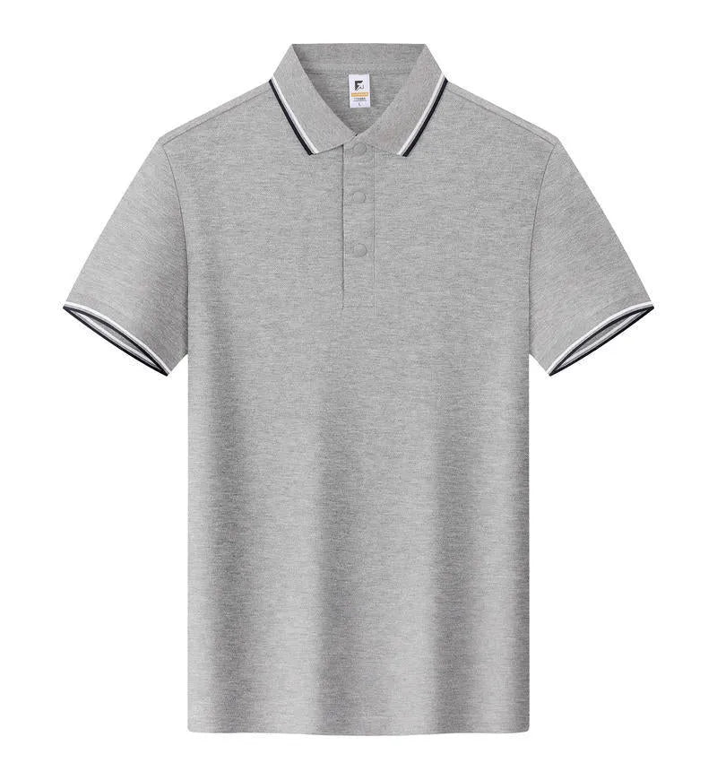 Lapel collar short sleeve cotton T-shirt on a hanger, shown in multiple colour options.