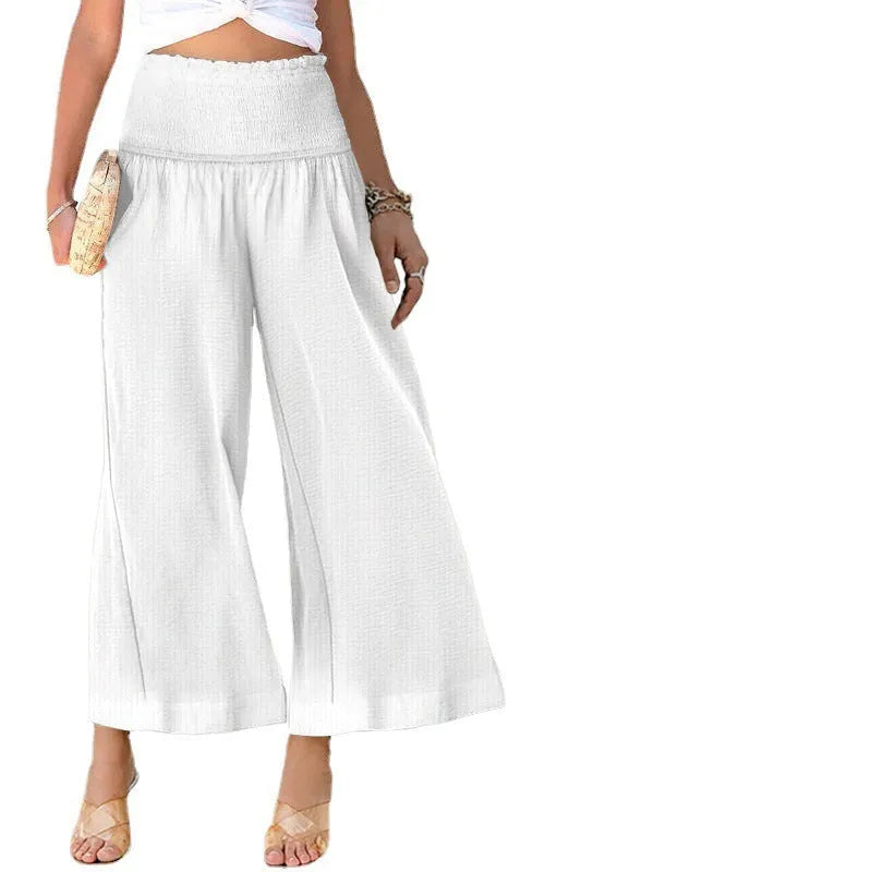 Cotton linen high waist pleating cropped trousers in apricot colour, straight leg casual women's pants