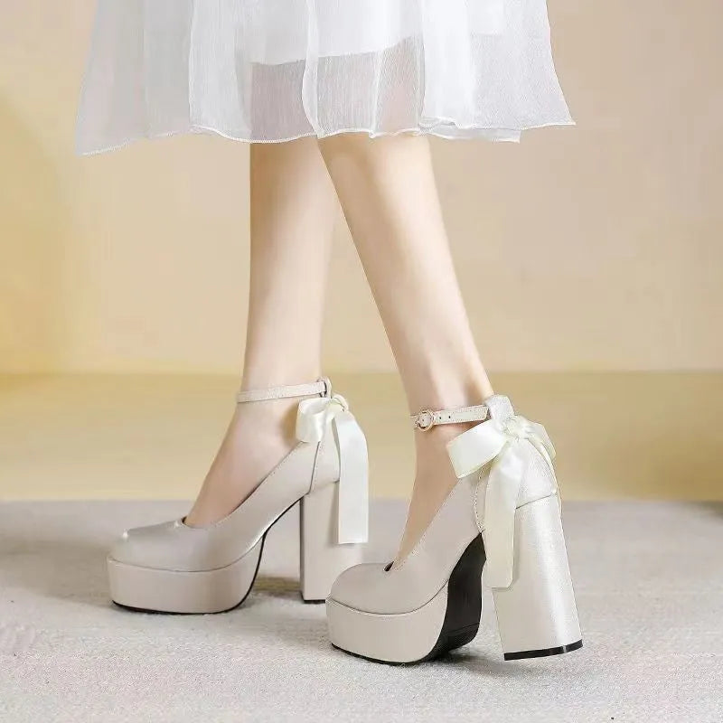 Women's wine red platform wedding shoes with chunky heel and decorative buckle detail