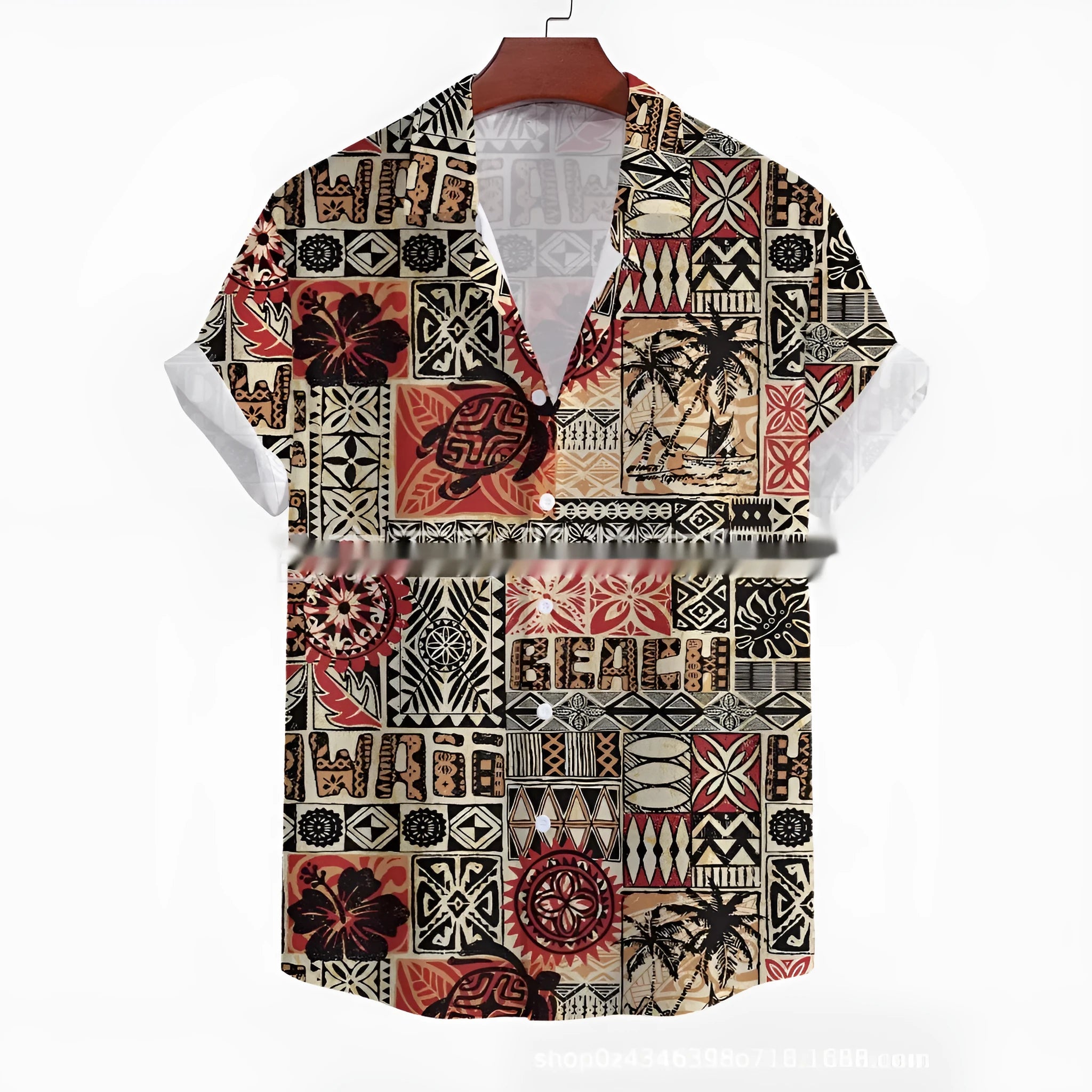 Men's loose fit short-sleeved shirt with floral print pattern in polyester four-sided elastic fabric