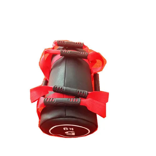 White PVC training sandbag for fitness and weight lifting, shown with weight options from 5KG to 30KG.