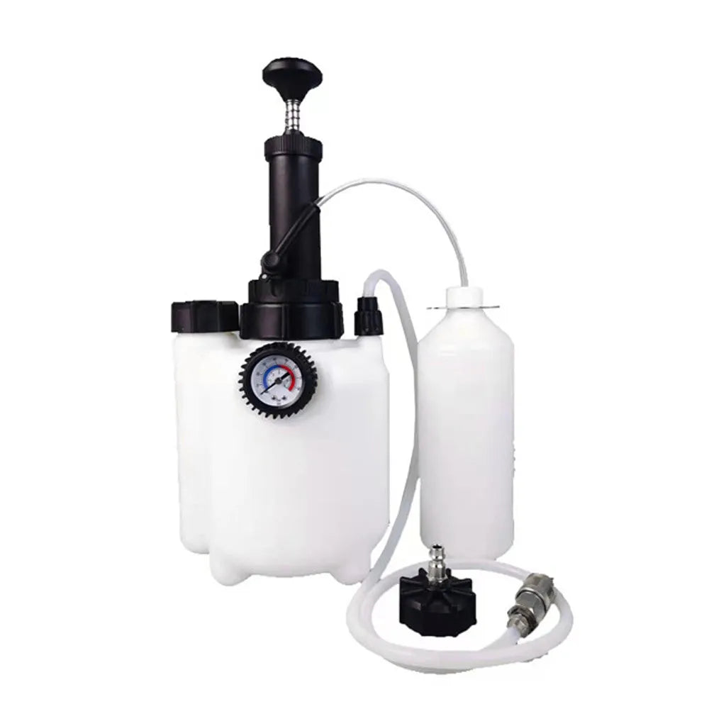 White 3-litre automobile brake oil tank replacement tool made from copper, iron, and plastic.