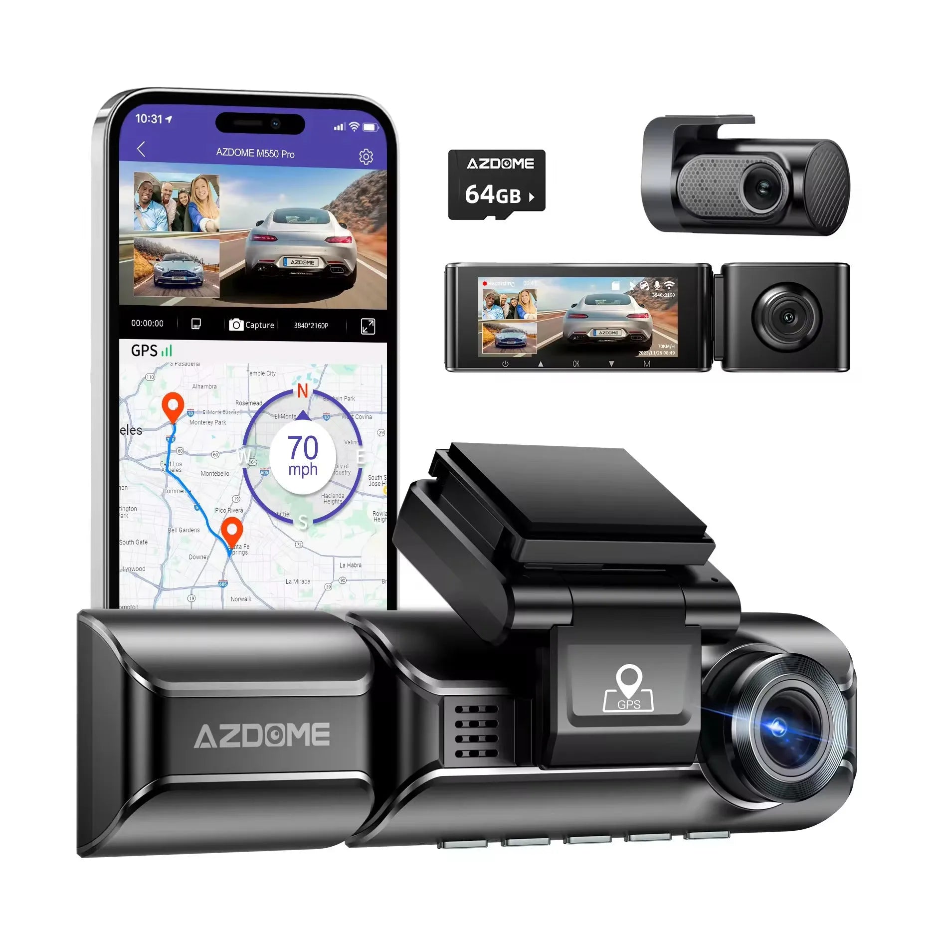 2K driving recorder dash cam with front and rear lenses, 3-inch screen, and car mounting bracket