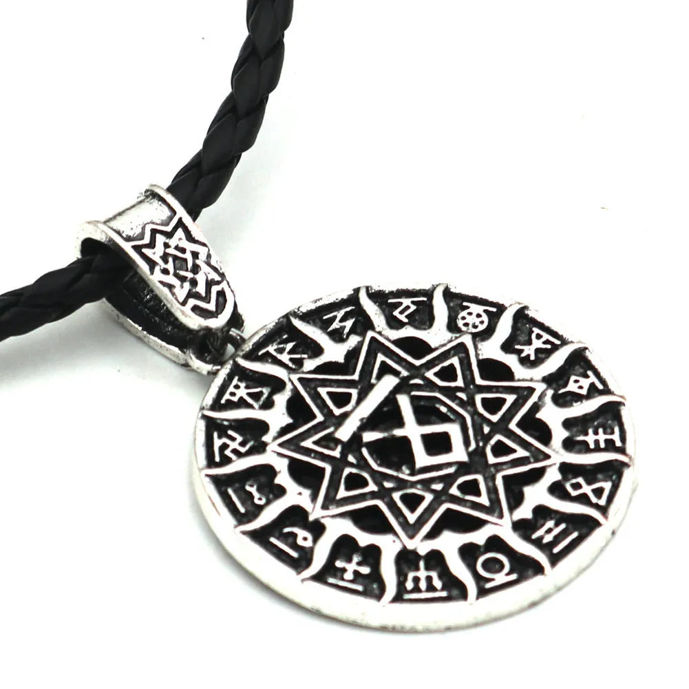 Lunavin ODing logo necklace pendant in antique silver or bronze finish with leather rope and snake bones chain options