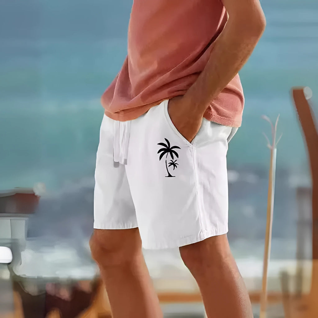 Men's heat transfer patch beach drawstring elastic shorts in khaki cotton blend, front view