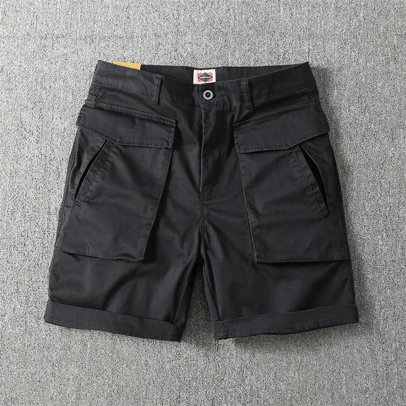 Men's straight-leg cotton cargo shorts in khaki with multiple pockets and stretch fabric.
