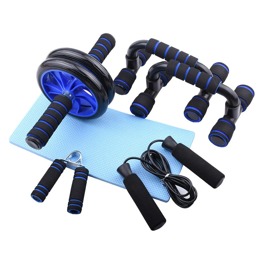 Plastic abdominal wheel set with kneeler mat bracket handle and skipping rope in glossy black