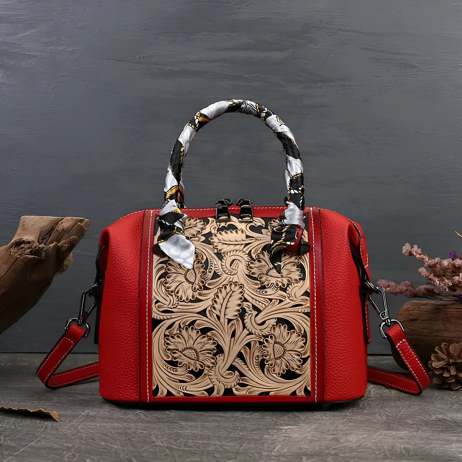 Genuine cowhide leather vintage-style messenger bag in horizontal square shape on a model.