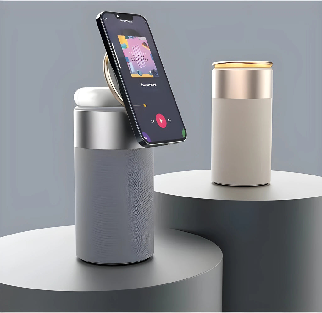 3-in-1 multi-function wireless charger Bluetooth speaker with touch lamp and phone holder for iPhone and AirPods in Gold