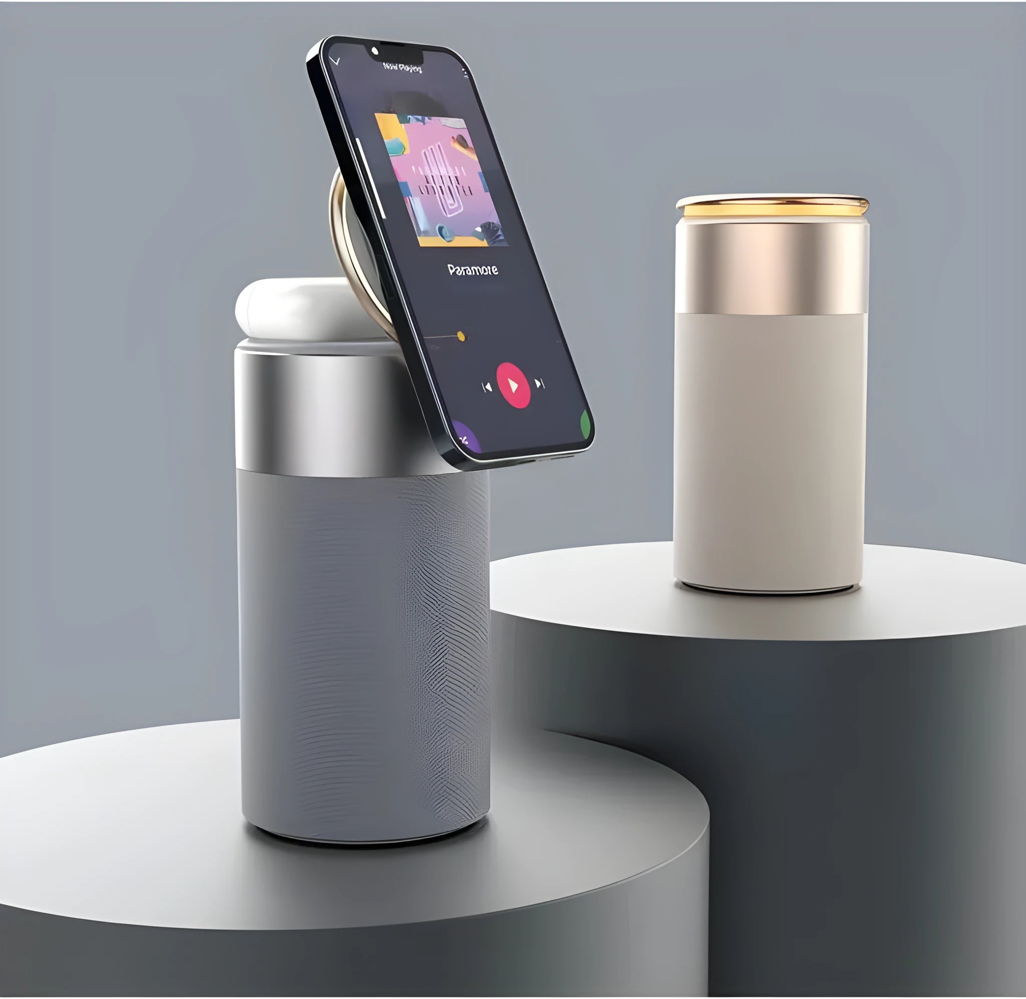 3-in-1 multi-function wireless charger Bluetooth speaker with touch lamp and phone holder for iPhone and AirPods in Gold