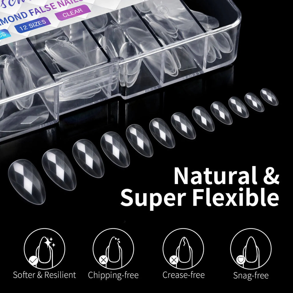 Box of long, shaped false nail tips with glittering diamond texture in various pink and white colours.