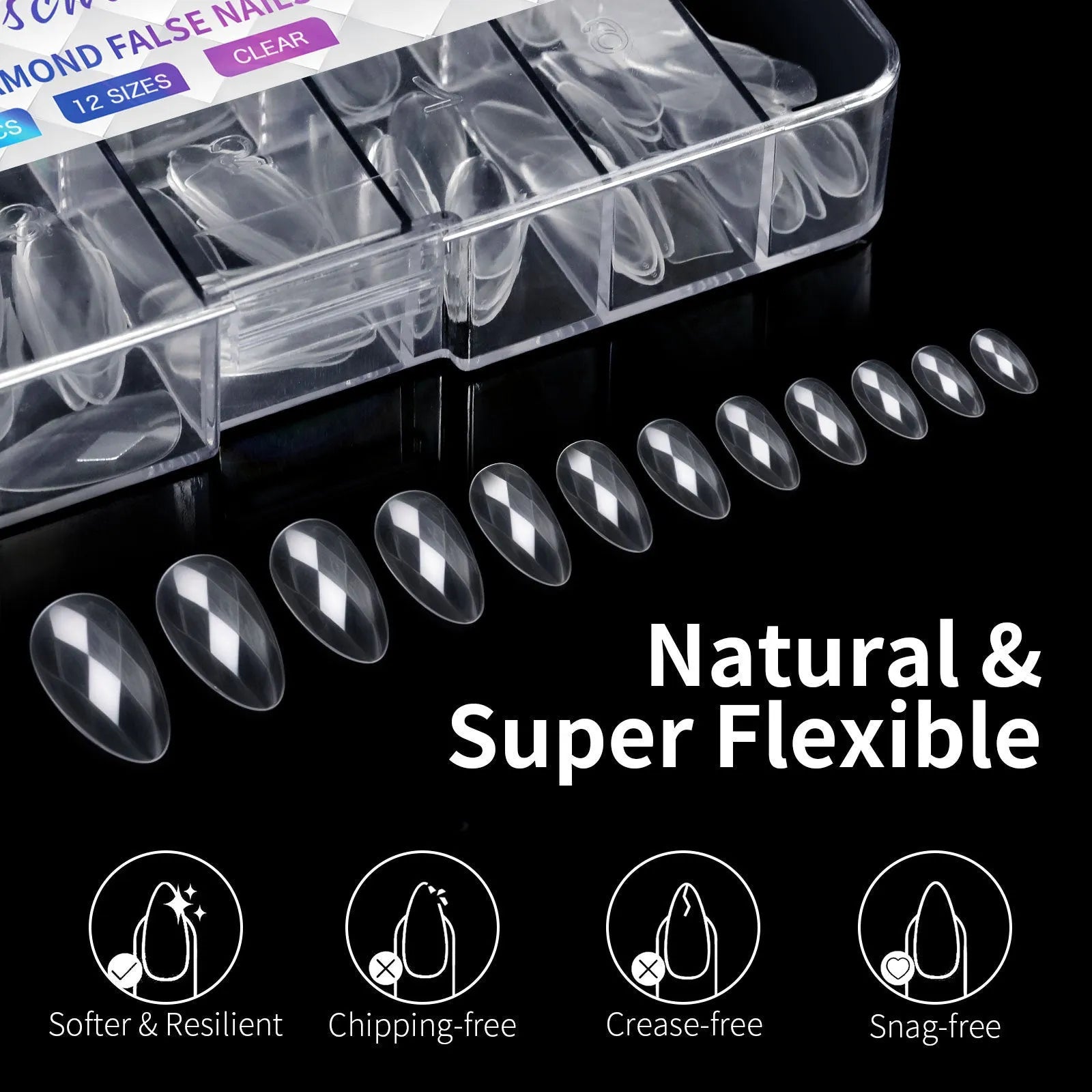 Box of long, shaped false nail tips with glittering diamond texture in various pink and white colours.