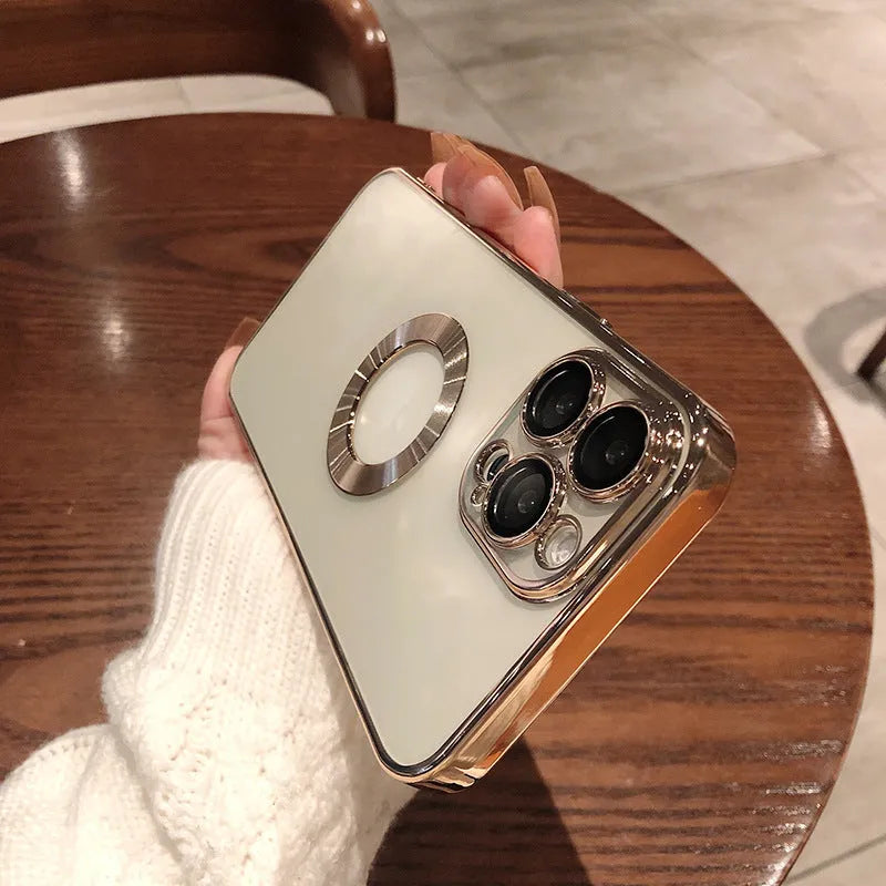 Transparent electroplated silicone iPhone case with built-in camera lens protector in multiple colour options.