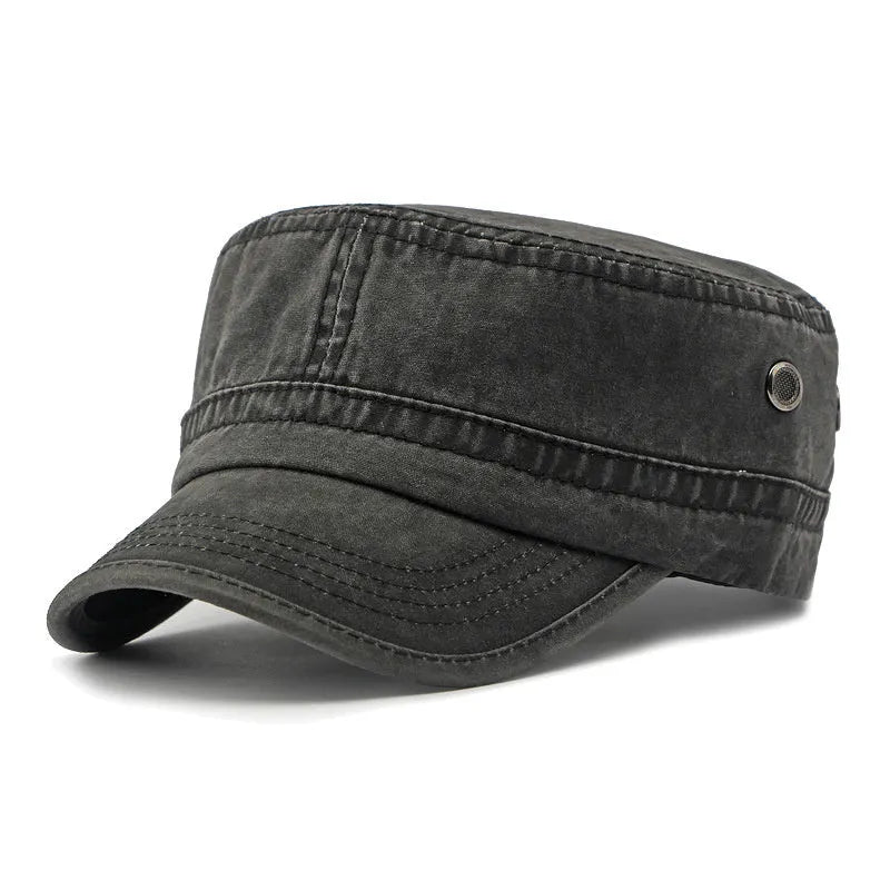 Military flat top cap in cotton fabric with adjustable strap, shown in army green colour