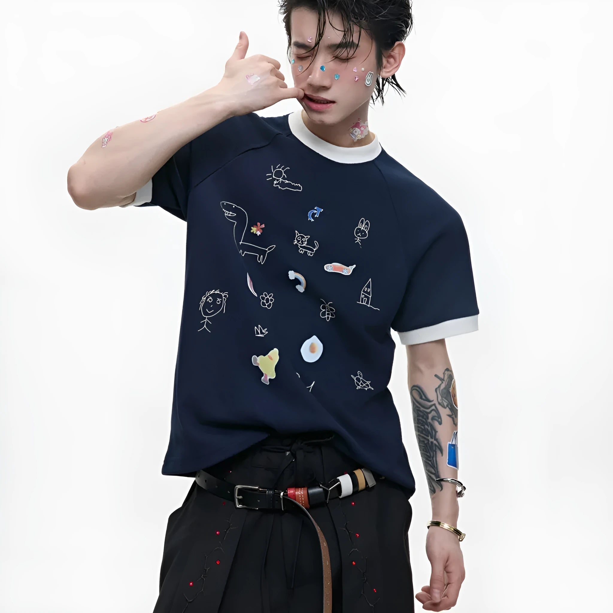 Men's blue cartoon printed short sleeve shirt with contrasting panels and loose fit design