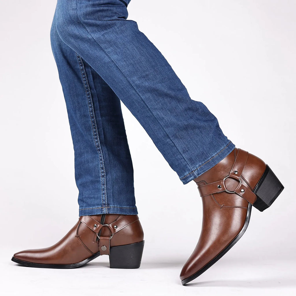 Black chain ankle boots with side zipper, square toe, and rivet details on a frosted artificial PU upper.
