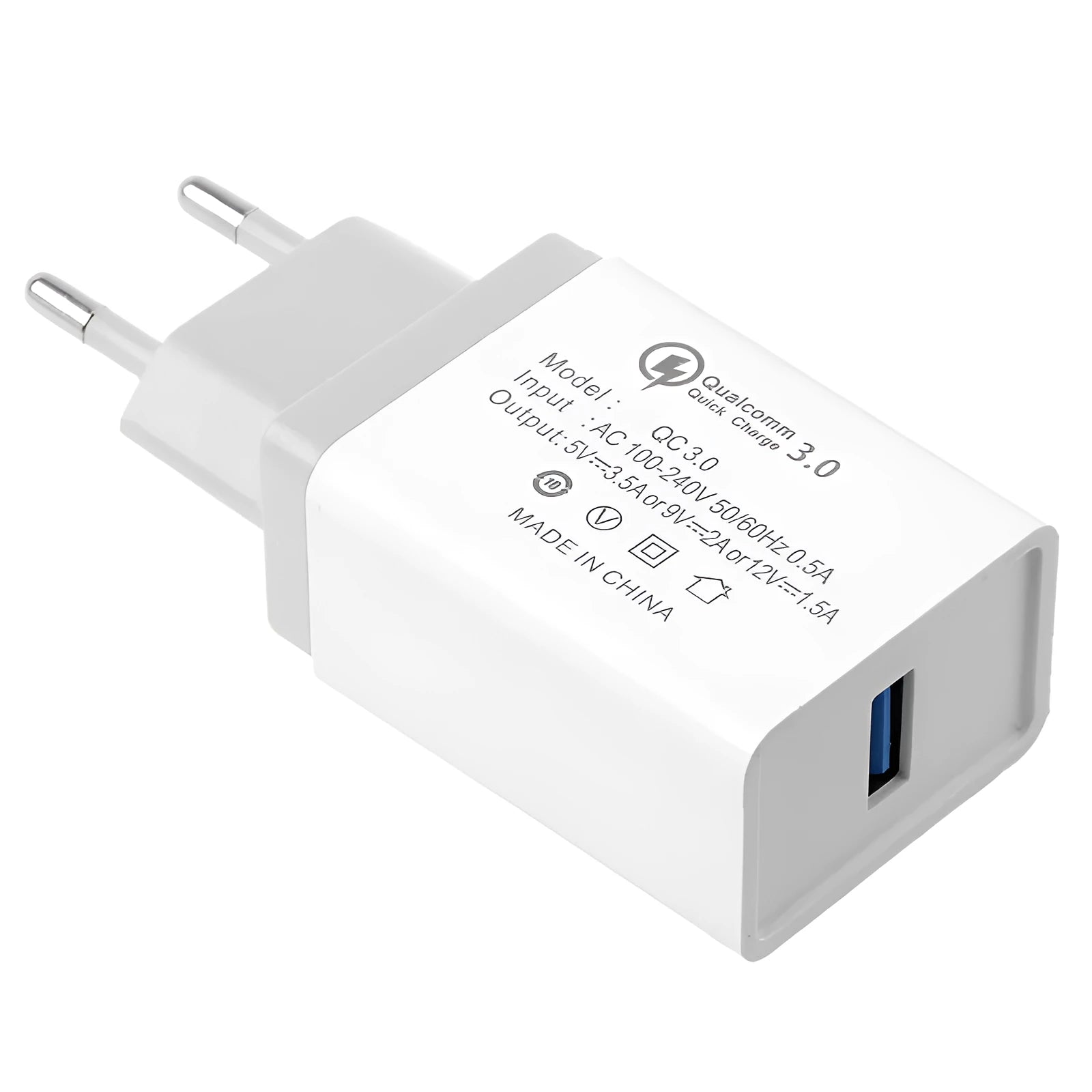 QC3.0 fast charge travel mobile phone charger in multiple colours with EU or US plug options