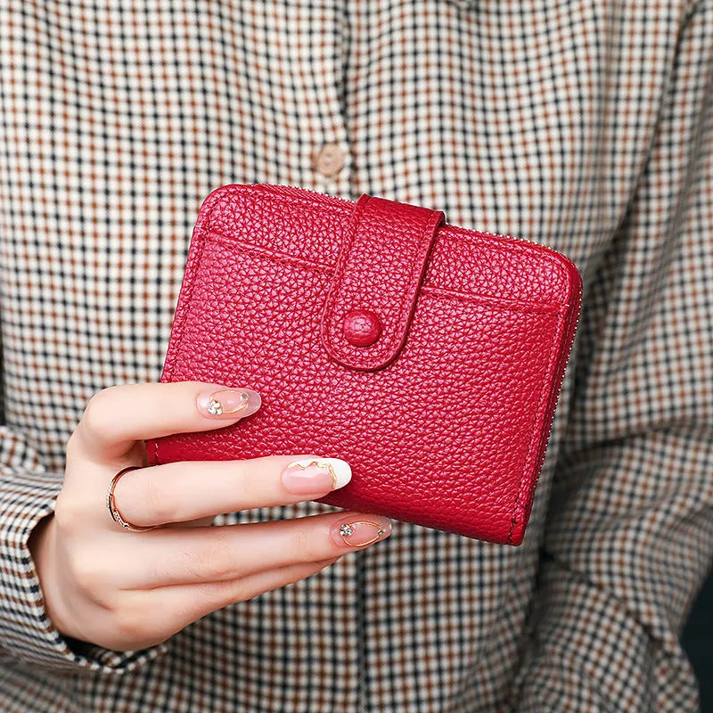 Women's lychee pattern anti-bacterial short wallet in PU leather