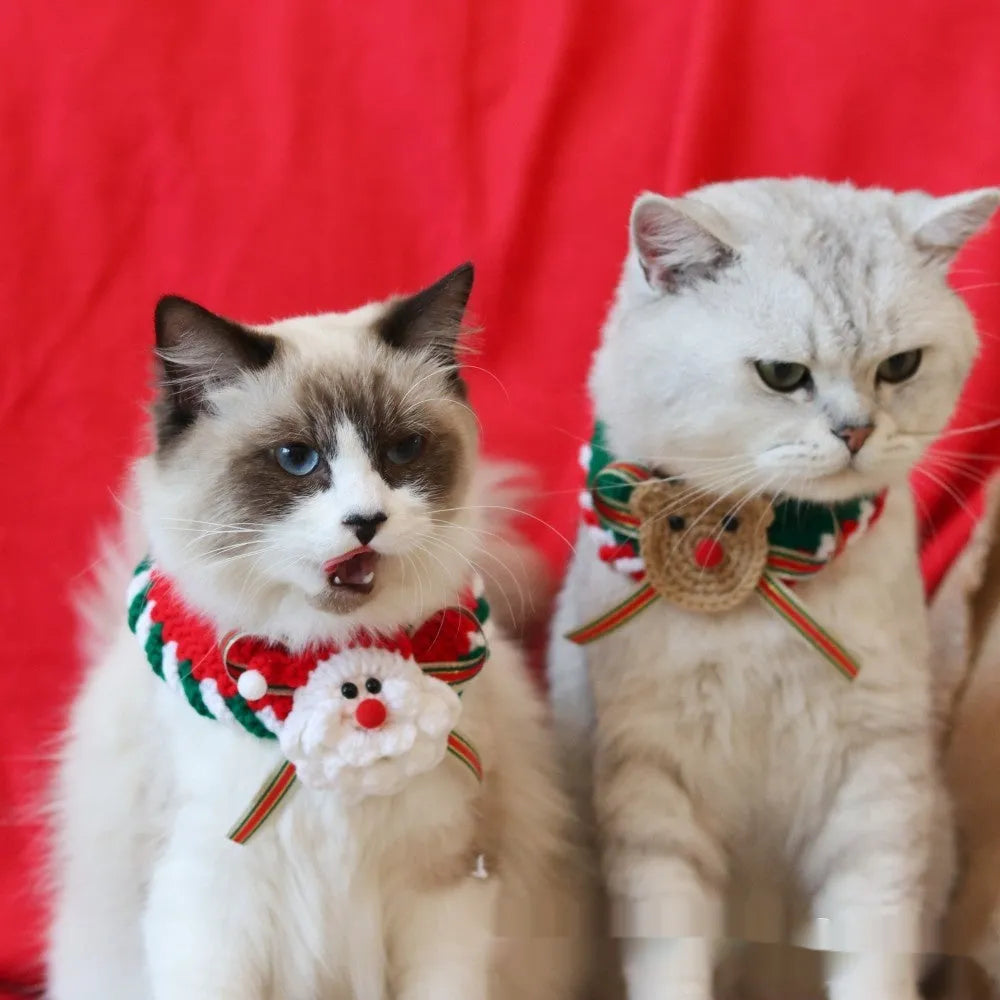 Knitted wool Christmas scarf for pets featuring festive patterns like striped Santa and elk, shown attached to a dog collar.