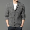 Men's dark grey jacquard knit cardigan jacket on a hanger.